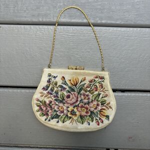 Vintage Jolles Austria Petit Floral Embroidered Tapestry Purse Kiss Lock Chain